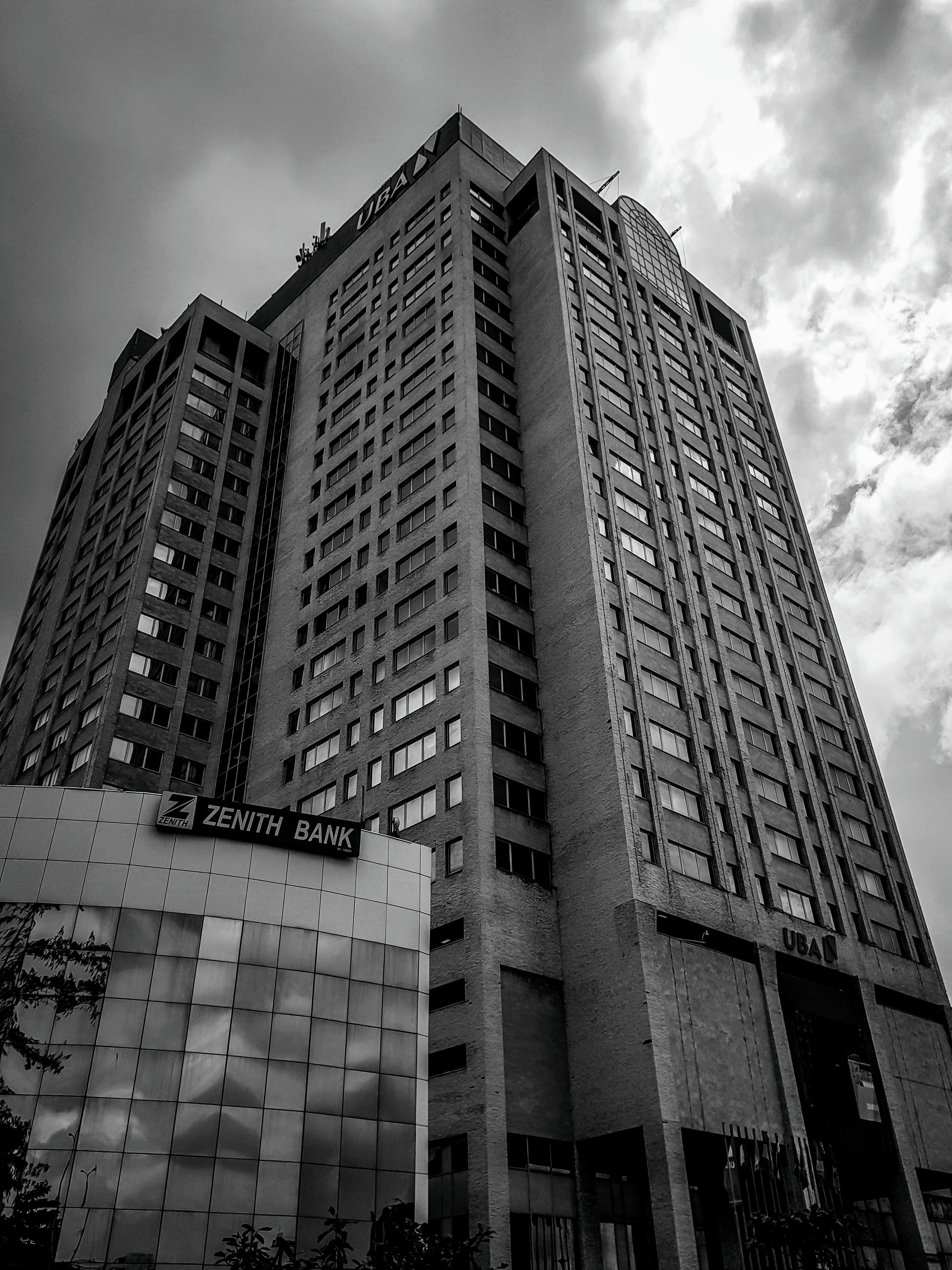 High-rise apartment tower photographed in black and white